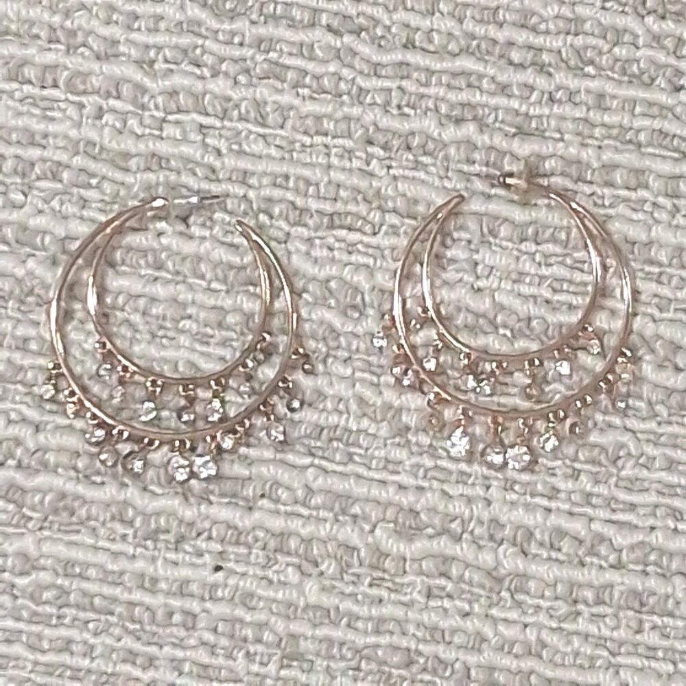 ROSE GOLD DOUBLE HOOP CHANDELIER EARRINGS CLEAR RHINESTONE DANGLE STATEMENT